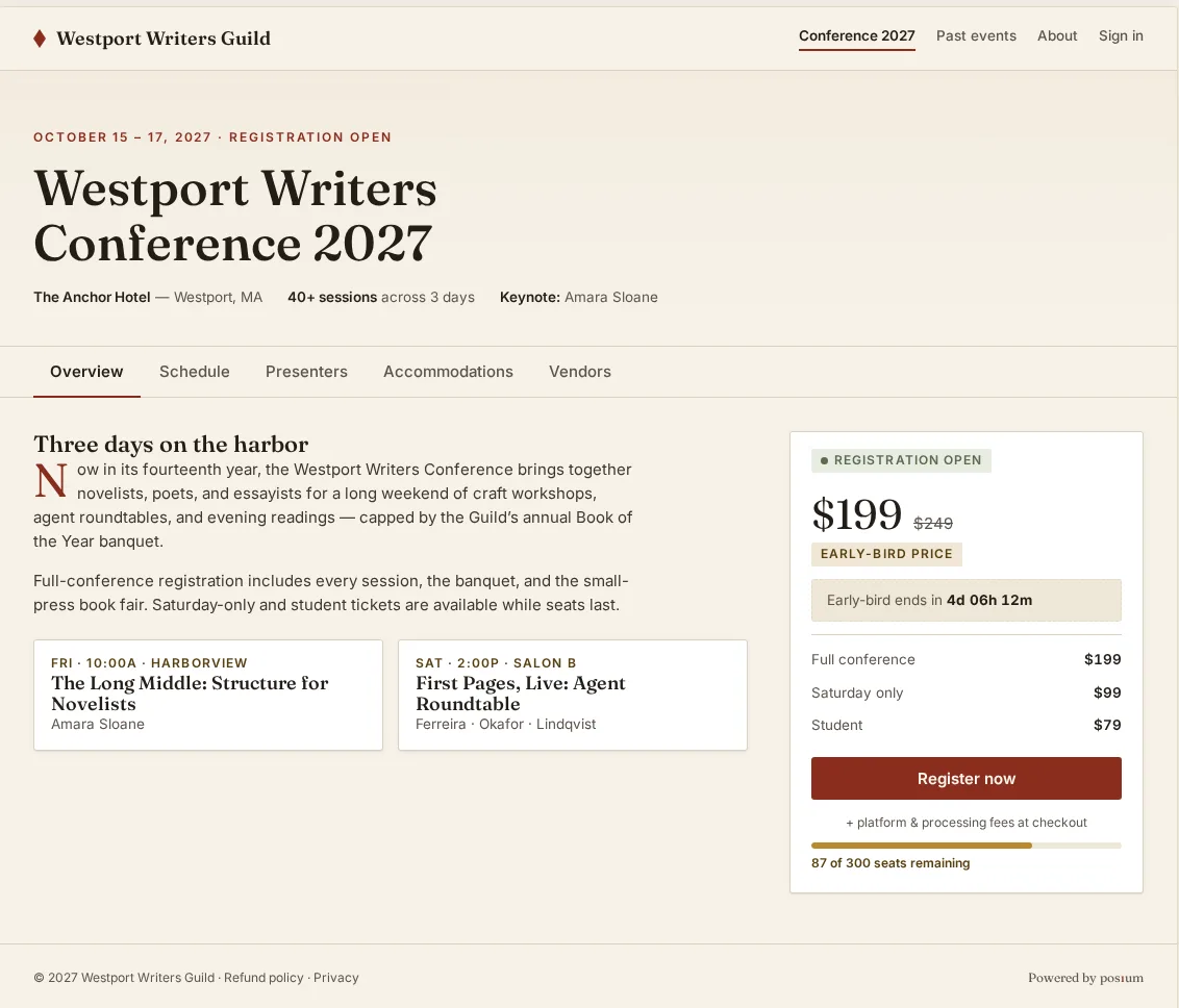 A Posium event page for the Westport Writers Conference: hero dates, module tabs for schedule, presenters, accommodations and vendors, and a registration sidebar showing an early-bird price, a countdown and remaining seats.