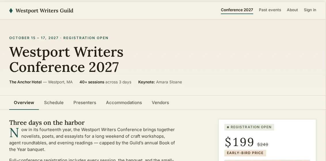 The same event page rendered in a sage and teal theme with a different serif typeface.