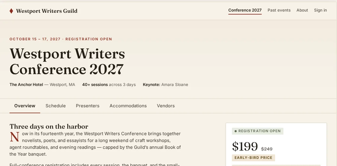 Event page in warm paper and oxblood, the Posium default theme.
