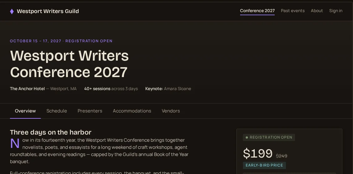 The same event page in a dark violet and cyan theme with a grotesque typeface.